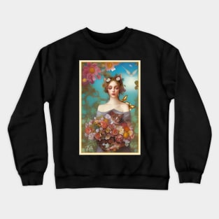 Painting of girl with roses and cat by Ziola Rosa - nature art deco rose Crewneck Sweatshirt